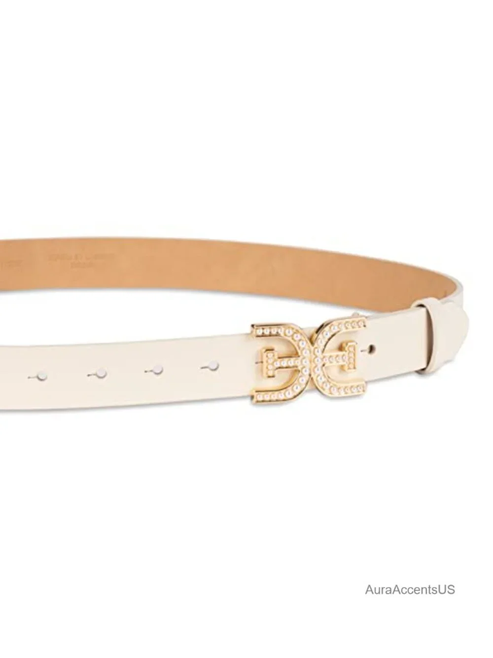 Sam Edelman Pearl Embellished Double-E Logo Plaque Buckle Leather Belt